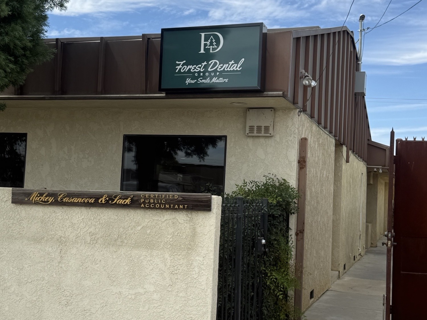 Forest Dental Group exterior signage and side entrance in Bakersfield.